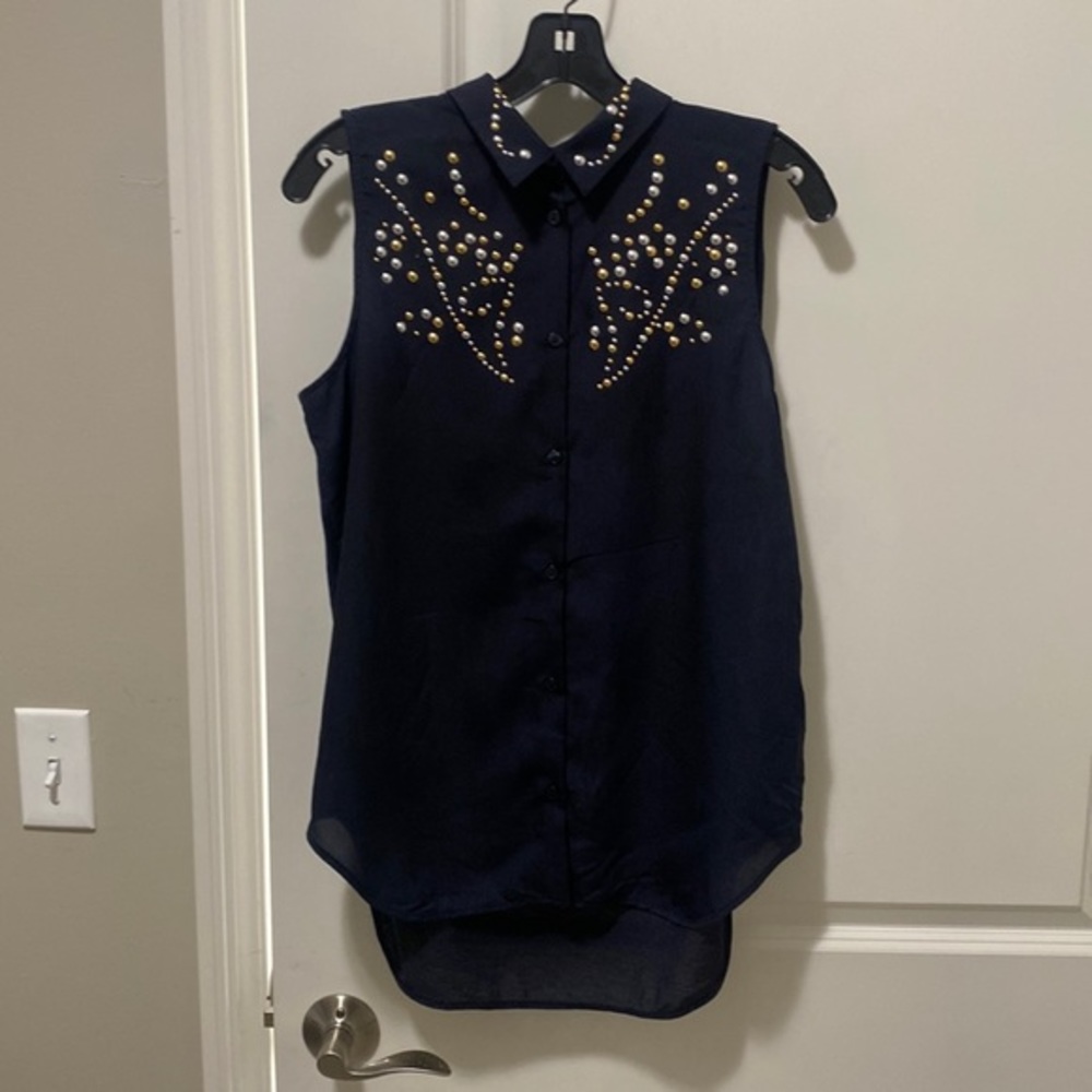 Silver and Gold Studded Navy Blouse SZ S